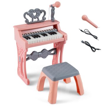 Costway Mini klaviatura klavir 25 tipk z stolčkom, stojalom za note in mikrofonom, roza