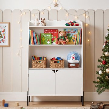 Costway Otroška polica 80x30x121 cm bela s 3 odprtimi predelki in 2 vrati
