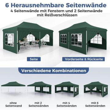 Costway Pop Up šotor 3x6 m zelen z 6 stranskimi stenami in zadrgami na vhodih