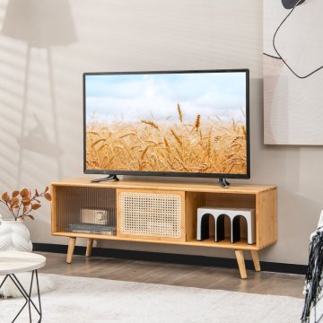 Costway TV regal z drsnimi vrati iz ratana in stekla naravne barve