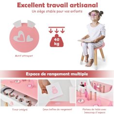 Costway Otroška toaletna mizica s stolčkom, odstranljivo ogledalo, 1 predal, 2 shranjevalni škatli, roza