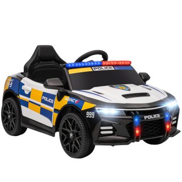 Homestar 12V otroški električni policijski avto z daljinskim upravljalnikom, sireno, opozorilno lučjo, glasbo, trobento, dvema motorjema, vzmetenjem, bel
