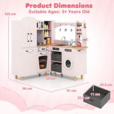 Costway Otroška kotna igralna kuhinja z dvokrilnim hladilnikom, kavnim aparatom in pralnim strojem, roza