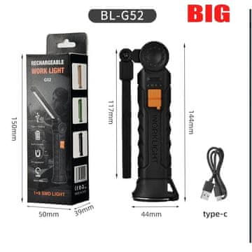 KJB Zložljiva polnilna ročna LED/COB svetilka z magnetom, velika, 1 kos