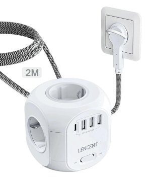 KJB Električni razdelilnik EU s 4 vtičnicami in USB-A/USB-C, 2 m, ploščat vtič