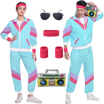 Retro kostum 80-ih 90-ih Unisex za Halloween in karneval, komplet: jakna, hlače, napihljivo radio, trakovi 3 v 1 in očala, 100% poliester, dvojni žepi, elastičen pas, modra, 3XL