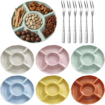 Plastični krožniki za prigrizke s 5 predelki, 23 cm, set 6 kosov, večbarvni, z 6 vilicami za sadje, za pomivalni stroj, zložljivi, za zabave, piknike in filmske večere, odporni na poškodbe