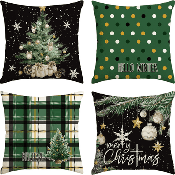 Prevleke za blazine Božične dekorativne set 4 kosi zelene 45x45 cm iz 100% poliestra s skrito zadrgo, motivi jelk in okraskov, karirast vzorec buffalo, odporne proti bledenju in kosmatenju