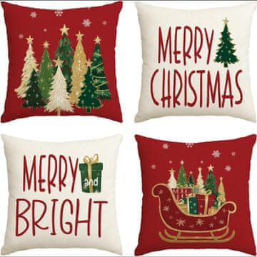 Prevleke za blazine božične okrasne rdeče 45x45 cm set 4 kom iz 100% poliestra s skrito zadrgo motiv dreves in sani za dnevno sobo, spalnico, pisarno, sofo in stole, strojno pranje v hladni vodi