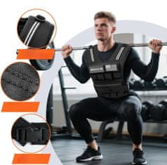 Utežna vesta 14 kg za trening moči, nastavljiv pas 90-140 cm, odstranljivi bloki iz litega železa, trpežen najlon 1200D, blazinjeni naramni trakovi, odsevni trakovi, unisex, črna