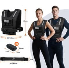 Utežna vesta 14 kg za trening moči, nastavljiv pas 90-140 cm, odstranljivi bloki iz litega železa, trpežen najlon 1200D, blazinjeni naramni trakovi, odsevni trakovi, unisex, črna
