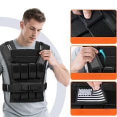 Utežna vesta 14 kg za trening moči, nastavljiv pas 90-140 cm, odstranljivi bloki iz litega železa, trpežen najlon 1200D, blazinjeni naramni trakovi, odsevni trakovi, unisex, črna