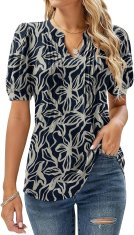 Ženska bluza tunika z V-izrezom bufasti kratki rokavi cvetlični vzorec črno-bela ohlapen kroj 60% poliester 35% viskoza 5% elastan velikost 44-46 lahka dihajoča za pomlad poletje in jesen