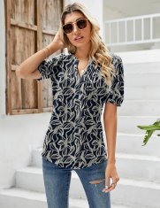 Ženska bluza tunika z V-izrezom bufasti kratki rokavi cvetlični vzorec črno-bela ohlapen kroj 60% poliester 35% viskoza 5% elastan velikost 44-46 lahka dihajoča za pomlad poletje in jesen