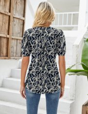 Ženska bluza tunika z V-izrezom bufasti kratki rokavi cvetlični vzorec črno-bela ohlapen kroj 60% poliester 35% viskoza 5% elastan velikost 44-46 lahka dihajoča za pomlad poletje in jesen