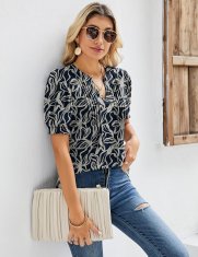 Ženska bluza tunika z V-izrezom bufasti kratki rokavi cvetlični vzorec črno-bela ohlapen kroj 60% poliester 35% viskoza 5% elastan velikost 44-46 lahka dihajoča za pomlad poletje in jesen