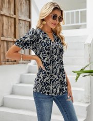 Ženska bluza tunika z V-izrezom bufasti kratki rokavi cvetlični vzorec črno-bela ohlapen kroj 60% poliester 35% viskoza 5% elastan velikost 44-46 lahka dihajoča za pomlad poletje in jesen