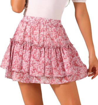 Ženska mini krilo A-line s cvetličnim vzorcem in elastičnim visokim pasom, temno roza, XS, s podlogo in okrasnimi volančki, sproščen kroj, za vikend in večerne izhode, pranje v hladni vodi
