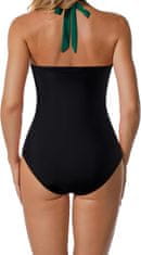 Ženski enodelni kopalni kostum z oblikovnim učinkom, globok V-izrez, halterneck vezava, brez hrbta, odstranljivi vložki push-up, hitrosušeč 80% najlon 20% spandex, nagubanost v pasu, zelena barva