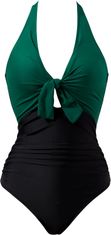 Ženski enodelni kopalni kostum z oblikovnim učinkom, globok V-izrez, halterneck vezava, brez hrbta, odstranljivi vložki push-up, hitrosušeč 80% najlon 20% spandex, nagubanost v pasu, zelena barva