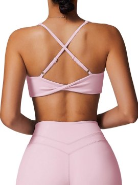 Ženski športni nedrček Top Fitnes brez šivov roza velikost XL bustier tip brez kitov z odprtim hrbtom in križanimi naramnicami 4-way stretch odvajanje vlage V-izrez za fitnes jogo in vadbo