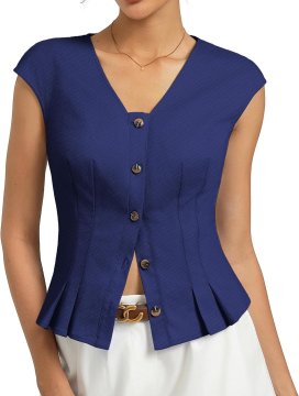 Ženska bombažna bluza z V-izrezom in gumbno letvijo, cap sleeves, 95% bombaž 5% elastan, dihljiva, rahlo raztegljiva, prilegajoč kroj z nežnimi gubicami, pralni stroj, temno modra, velikost S