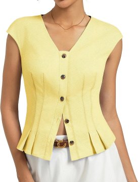 Ženska bombažna bluza srajčka V-neck s kratkimi rokavi cap sleeve 95 % bombaž 5 % elastan casual Y2K stil dihajoča elastična z gumbno letvijo rumena velikost S za poletje