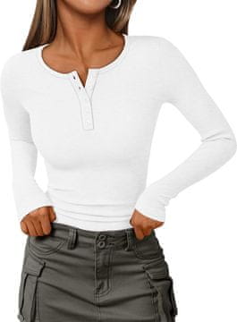 Ženska majica henley iz rebraste pletenine z dolgim rokavom, elastična, postravnjajoč slim fit kroj, nastavljiv izrez okrogel ali V, mehka, elegantna za pisarno ali vikend, bela, velikost L