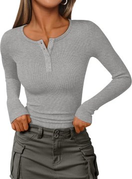 Ženska pletena bluza Henley Slim Fit z dolgimi rokavi, rebrasta pletenina z visoko elastičnostjo, nastavljiv izrez (okrogel ali V) z gumbi, za casual in elegantni stil, siva XL