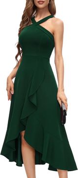 Elegantna dolga večerna obleka koktejlna A-line kroj brez rokavov halter dekolte asimetričen spodnji rob 94% najlon 6% elastan velikost 3XL patentni zadrgo na hrbtni strani pranje do 30°C za poroko