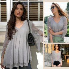 Ženska bluza tunika s cekini elegantna bleščeča siva XL za silvester, poroke, rojstne dneve in večerne izhode mehka tkanina odporna proti gubanju univerzalen krój za kombiniranje s hlačami