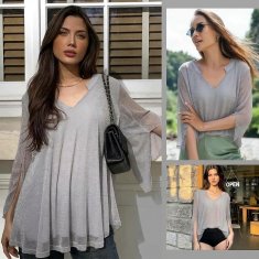Ženska bluza tunika s cekini bleščeča elegantna siva velikost XXL za zabave, silvestrovanje in večerne izhode, mehka prijazna do kože tkanina, udobna, primerna k hlačam, krilom in jeansom