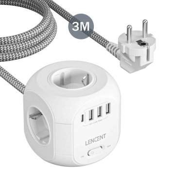 KJB Električni razdelilnik EU s 4 vtičnicami in USB-A/USB-C, 3 m