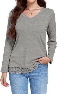 Ženska bluza tunika z dolgimi rokavi, elegantna casual, siva, velikost XL – mehka tkanina soft-touch, izrez v obliki črke V, okrasna čipka ob spodnjem robu, jesen-zima, vsakodnevno nošenje