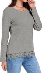Ženska bluza tunika V-izrez dolg rokav čipkasta mehka elegantna siva velikost S – tkanina soft-touch, čipkasta obdelava spodaj, casual elegant slog, za vsakodnevno in poslovno nošenje