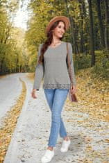 Ženska bluza tunika V-izrez dolg rokav čipkasta mehka elegantna siva velikost S – tkanina soft-touch, čipkasta obdelava spodaj, casual elegant slog, za vsakodnevno in poslovno nošenje
