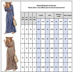 Ženska maksi poletna obleka Boho cvetlična Zračna Elegantna Modra XXL iz 100% poliestra z globokim izrezom V, kratkim rokavom, visokim pasom z vključenim pasom, prepustna za vroče dni