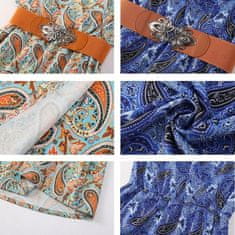 Ženska maksi poletna obleka Boho cvetlična Zračna Elegantna Modra XXL iz 100% poliestra z globokim izrezom V, kratkim rokavom, visokim pasom z vključenim pasom, prepustna za vroče dni