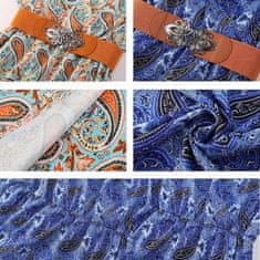 Ženska maxi obleka boho stil z V-izrezom, kratkimi rokavi in visokim pasom z nastavljivim trakom, cvetlični vzorec, lahka 100% poliester, dolžina do tal, modra, velikost M