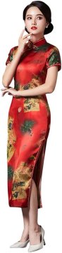 Ženska obleka Qipao cheongsam midi tradicionalna kitajska elegantna slim fit iz satenaste poliestrske tkanine z ovratnikom mandarin, kratkimi rokavi in stranskim rezom, rdeča, velikost L