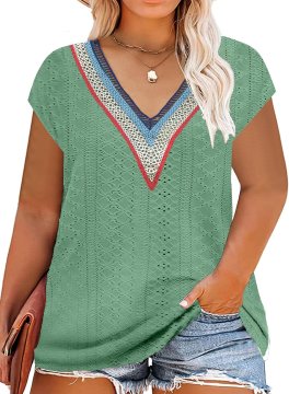 Ženska majica oversize bluza z V-izrezom kratek rokav hat sleeve mehka pletenina soft-touch elastična negnetljiva lahka ohlapen kroj casual za vse letne čase zelena 2XL
