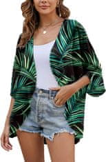 Ženski plažni kimono iz šifona lahka prosojna ogrinjalka črno-zelena s cvetličnim vzorcem rokav 3/4 bell sleeve velikost L za plažo, pisarno, potovanja hitro se suši ne deformira se