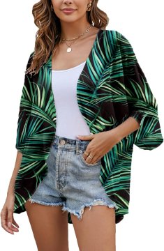 Ženski plažni kimono iz šifona lahka prosojna ogrinjalka črno-zelena s cvetličnim vzorcem rokav 3/4 bell sleeve velikost L za plažo, pisarno, potovanja hitro se suši ne deformira se