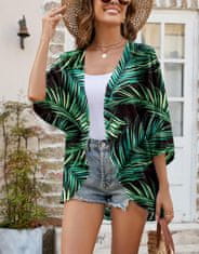 Ženski plažni kimono iz šifona lahka prosojna ogrinjalka črno-zelena s cvetličnim vzorcem rokav 3/4 bell sleeve velikost L za plažo, pisarno, potovanja hitro se suši ne deformira se