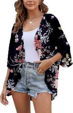 Ženski dolg kimono iz šifona s cvetličnim vzorcem, poletna boho bluza, črna, velikost S, rokav 3/4 bell sleeve, lahek zračen material, hitro se suši, ne krči se, za plažo, pisarno in potovanja