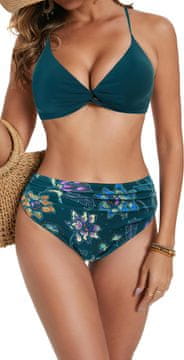 Ženski dvodelni kopalni kostum bikini push-up z oblikovalnim učinkom temno modri velikost L odstranljivi modelirni vložki vezalka spredaj srednje visok pas z nadzorom trebuha odporen na klor