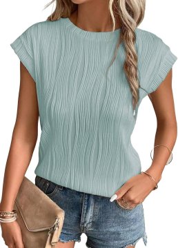 Ženska bluza zelena elegantna plisirana poletna ohlapen kroj okrogel izrez kratek rokav z navpičnimi gubami iz viskoze 65% in sintetike 35% diha odporna proti gubanju za pisarno