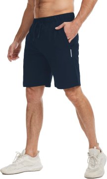 Moške športne kratke hlače iz bombažne mešanice z elastanom za fitnes, tek in trening temno modre barve velikost M s 4 žepi, 2 z zadrgo, odsevni elementi na hrbtni strani, pralni stroj, mehak na dotik