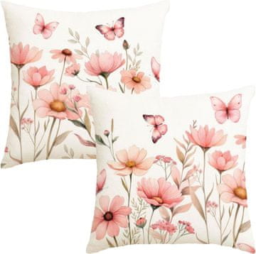 Prevleka za blazino 50x50 cm set 2 kom Cvetlični metulj belo-roza poliester z strukturo lanu skrit zadrgo pomladni cvetlični motiv za dnevno sobo spalnico teraso balkon pranje na hladno
