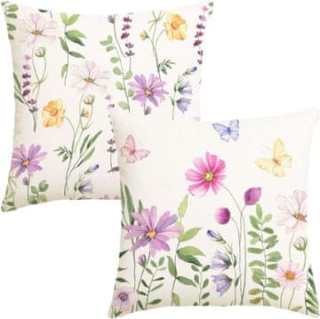 Set 2 dekorativnih prevlek za blazine 40x40 cm bele barve s cvetličnim vzorcem iz poliestra s strukturo lanu, skrita zadrga, za notranjost in patio, pranje pri nizki temperaturi, pomladni dizajn